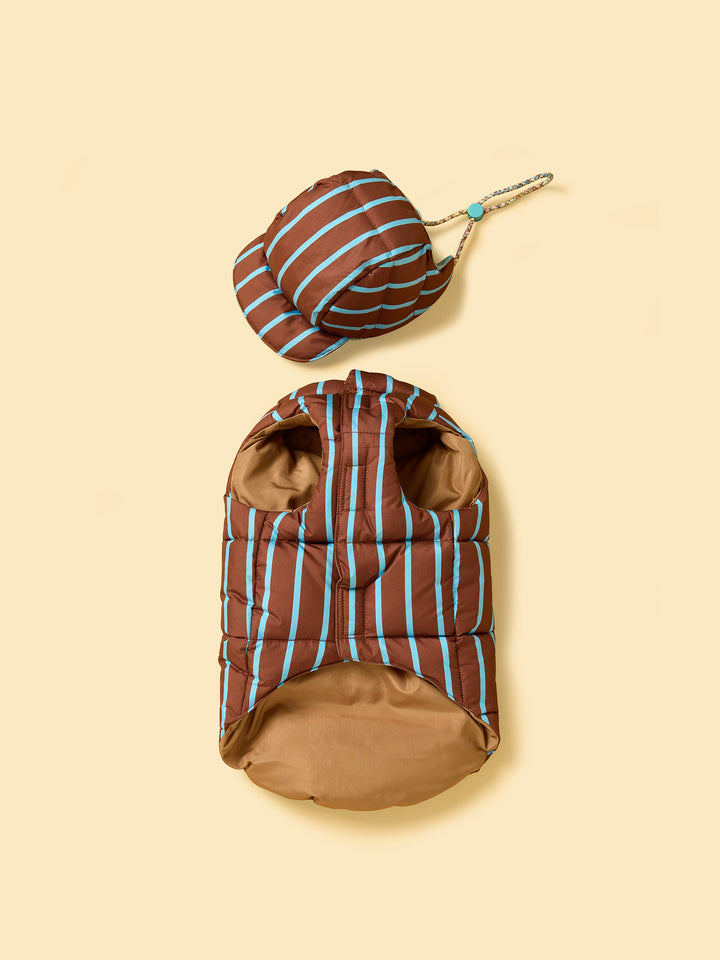 Brown and blue striped pet bed with a matching rope toy on a beige background